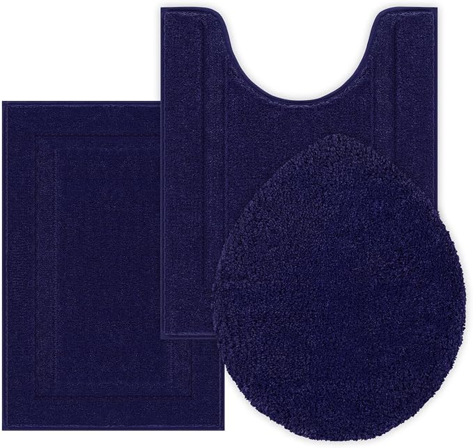SHACOS Microfiber Bathroom Rugs Set of 3 with Toilet Lid Cover | Non Slip Washable Bath Mat Absorbent Bathroom Carpet 16"x24"+U Shape Toilet Rug 20"x24"+Toilet Lid Cover 19"x21", Navy Blue