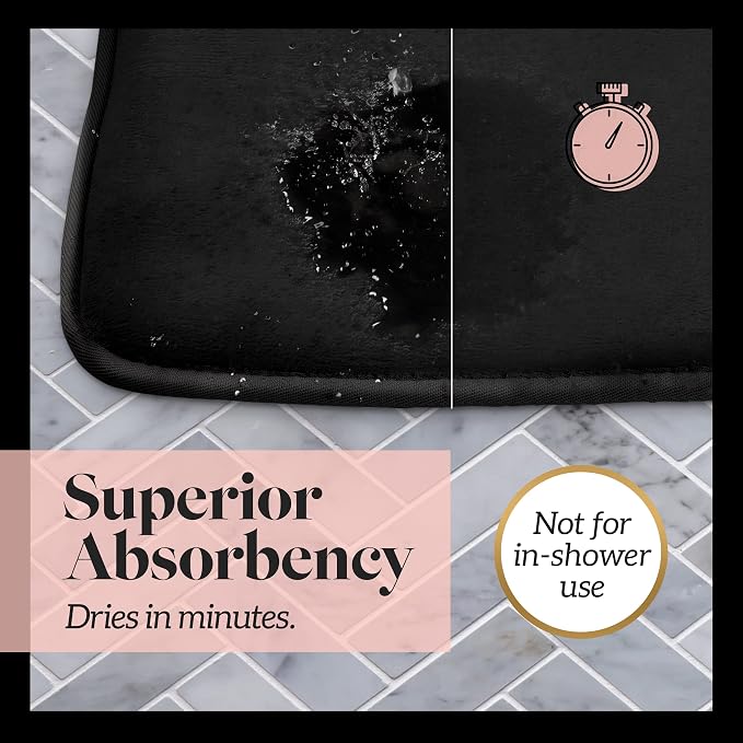 Memory Foam Bath Mat Non Slip Absorbent Super Cozy Velvet Bathroom Rug Carpet (20 inches X 32 inches, Black)