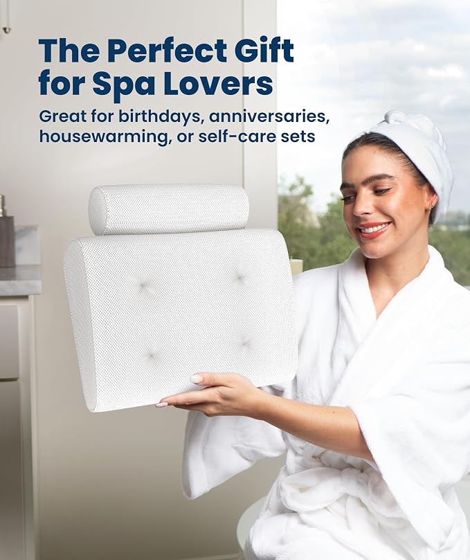 Everlasting Comfort Luxury Bath Pillow for Tub – Quick-Dry 4D Mesh – White | Head/Neck/Back Support, Non-Slip Suction Cups, Machine Washable, Drying Hook, Bath/Spa/Jacuzzi Essentials