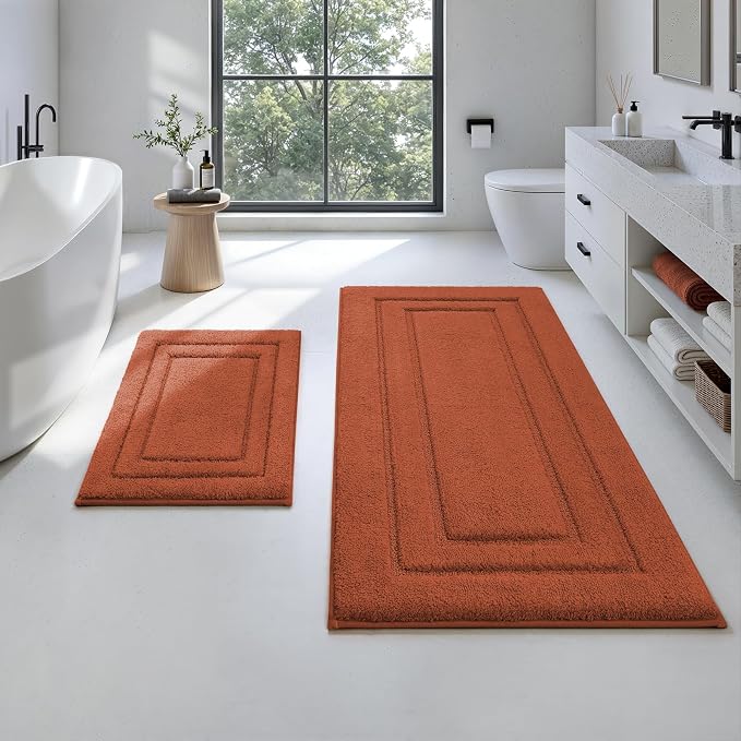 HOMEIDEAS Bathroom Rugs Sets 2 Piece, Extra Long Bath Mat Burnt Orange | Super Soft and Absorbent Non Slip Microfiber Bath Rug，Machine Washable, for Bathroom, 20" x 47" + 16" x 24"
