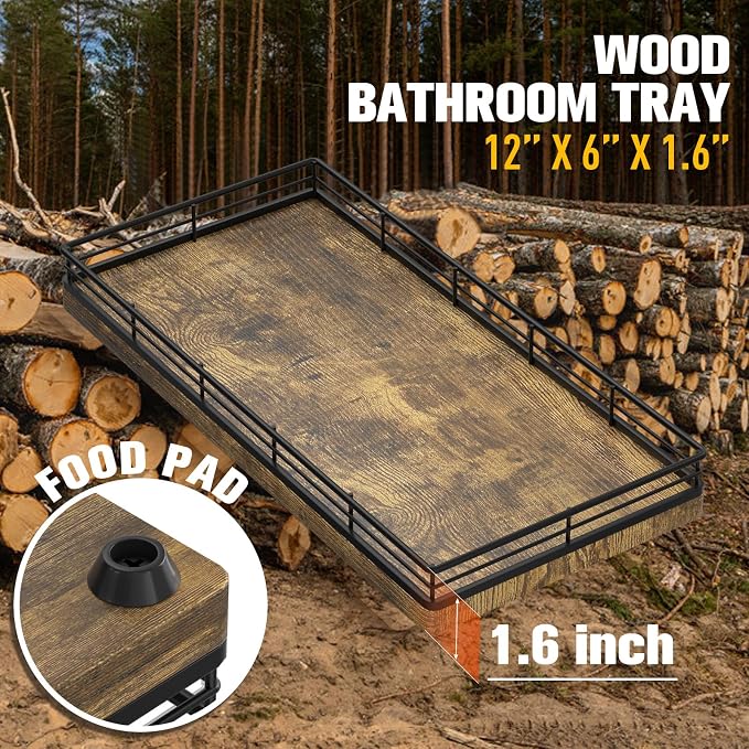 Bathroom Vanity Tray for Countertop, 12" x 6" Wood Toilet Tank Tray with Metal Guardrail, Bathroom Organizer for Soap, Perfume & Skincare, Non-Slip Decorative Tray for Dresser, Black & Rustic Brown