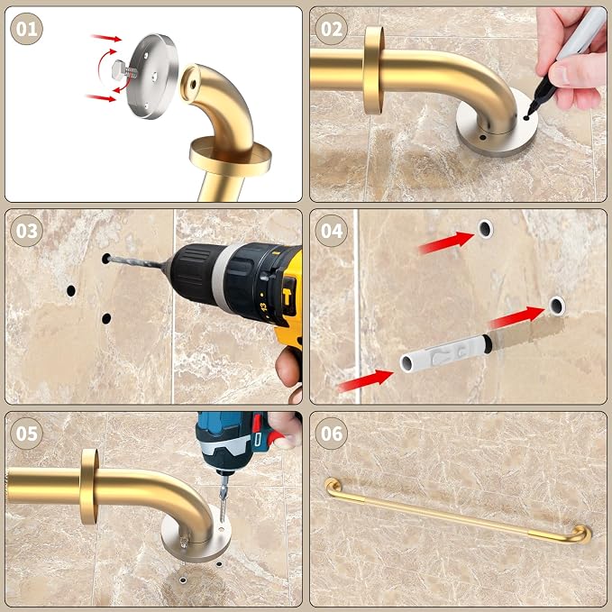 Brushed Gold Shower Grab Bar w/Anti-Slip Knurled Grip 40 Inch,YuanDe Stainless Steel Bathroom Grab Bars, Handicap Injury Elderly Senior Assist Support Shower Handle