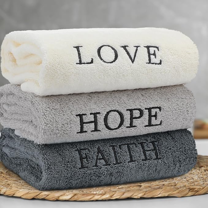 3 Pcs Hand Towels Bathroom Set,Gray,Faith Hope Love | Embroidered Cotton Farmhouse Towels, Kitchen Decor, Rustic Boho Decorative with Text Labels, Guest Bath Home