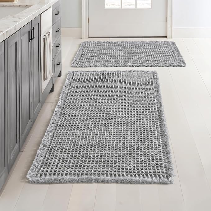 MIULEE Set of 2 Waffle Bathroom Rugs Light Grey Bath Mat 17"x24"+18"x30" | Non Slip, Super Absorbent, Washable, Ultra Soft, Rubber Backed, Small, Beige Boho Bath Rugs for Bathroom Floor Tub Shower