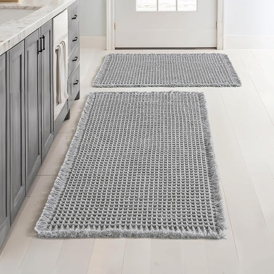 MIULEE Set of 2 Waffle Bathroom Rugs Light Grey Bath Mat 17"x24"+18"x30" | Non Slip, Super Absorbent, Washable, Ultra Soft, Rubber Backed, Small, Beige Boho Bath Rugs for Bathroom Floor Tub Shower