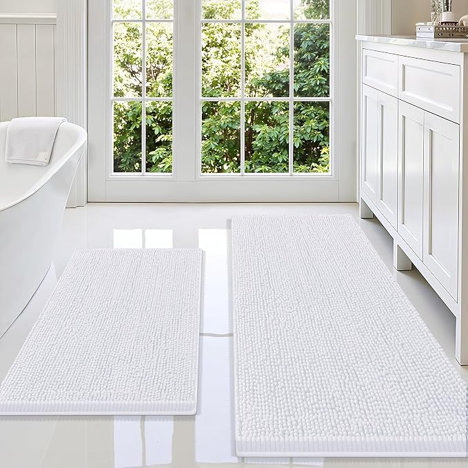 Smiry Chenille Bathroom Rugs Sets 2 Piece (59x20+30x20, White) | Soft Absorbent Machine Washable Non Slip Shaggy Bath Rug Set for Tub, Shower, and Floor, Home Decor