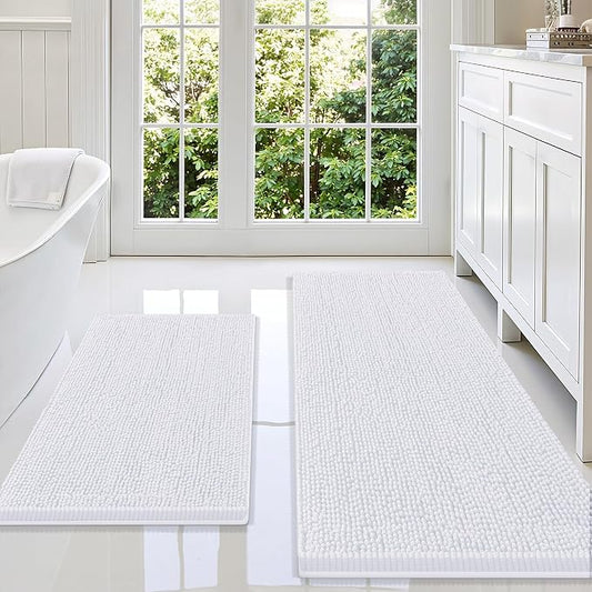 Smiry Chenille Bathroom Rugs Sets 2 Piece (59x20+30x20, White) | Soft Absorbent Machine Washable Non Slip Shaggy Bath Rug Set for Tub, Shower, and Floor, Home Decor