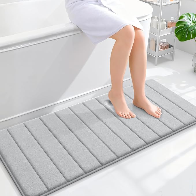 OLANLY Memory Foam Long Bathroom Rugs Runner 47x20, Super Soft Absorbent | Light Gray, Quick Dry Bath Mat, Machine Washable Shower Floor Rugs, Bathmat Carpet for Bathroom Floor, Tub and Shower