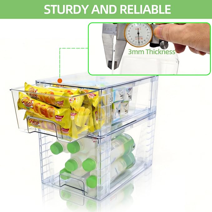 Medium Clear Stackable Storage Drawers (4 Pack), High-strength Acrylic Organizer Bins with Handles, Plastic Drawers for Fridge Bathroom Cabinet Closet Undersink Pantry Kitchen Makeup Storage