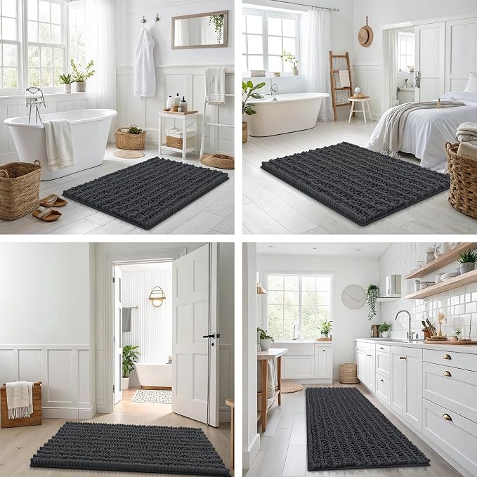 Smiry Bathroom Rugs 24X16, Extra Soft Rubber Backing Chenille Bath Mats | Dark Grey Machine Washable Non Slip Quick Dry Bath Mats for Bathroom Floor, Tub, Shower, Home Decor Accessories