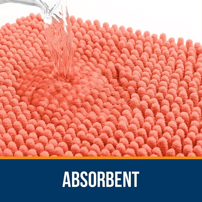OLANLY Chenille Bathroom Rugs Mats Sets 2 Piece, 47"x20"+24"x16", Coral | Ultra Soft Absorbent Bath Rugs Set, Rubber Backing Non-Slip, Quick Dry, Machine Washable Bath Carpet, Home Decor Accessories