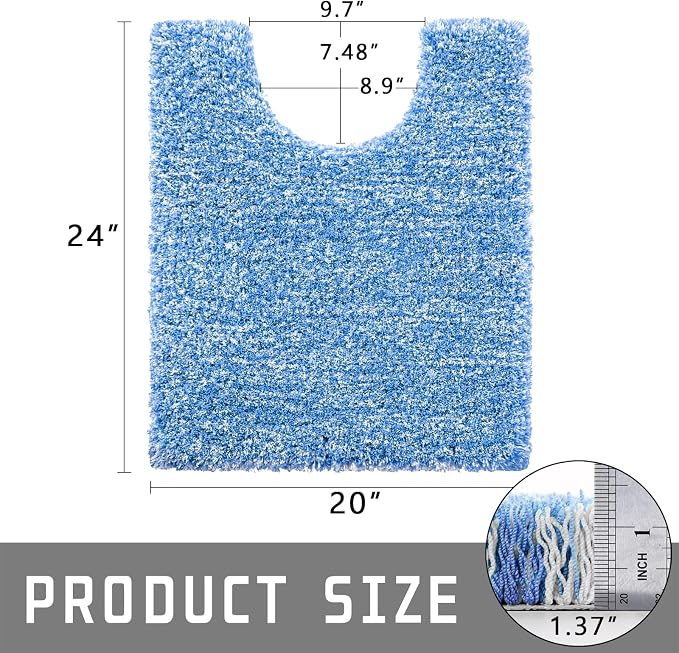 Yimobra Toilet Rugs U Shaped Washable 24X20, Ultra Soft and Water Absorbent Bath Mats, Non Slip Fluffy Shaggy Luxury Microfiber Contour Bath Rugs for Toilet, Dry Quick, Blue and White