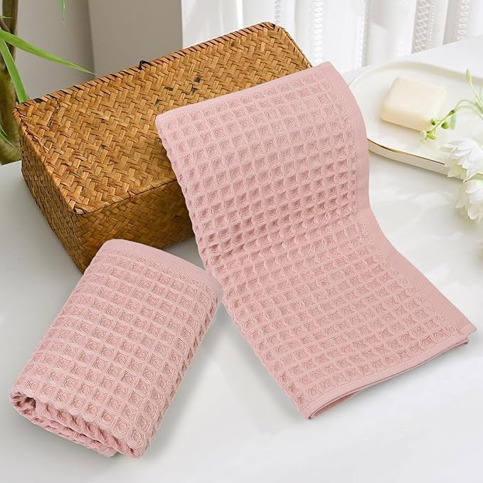 Jacquotha Waffle Hand Towels for Bathroom Decor (Pink) | 2-Piece Cotton Face Towels, Fast Drying & Absorbent, 13” x 29”