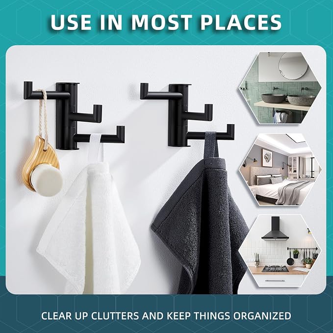 Angle Simple Swivel Towel Hooks for Bathroom, SUS 304 Stainless Steel Foldable 3 Arms Robe Towel Holder, Shower Wall Coat Hooks, Matte Black, 2 Pack