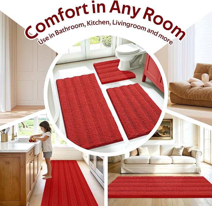 ACCUMTEK Christmas Striped Red Ultra Soft Bathroom Rugs and Mats Set 3 Pieces Bath Mat Set, Thick Chenille Bath Rugs Non Slip Bath Mats for Bathroom, Kitchen, Burgundy