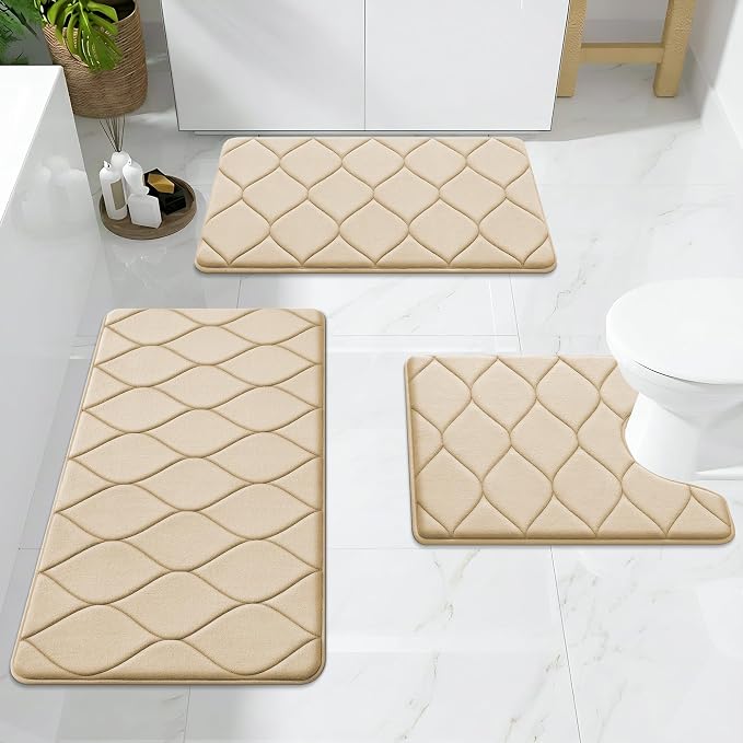 Smiry Memory Foam Bath Mat 70x24, Ultra Soft Absorbent Bathroom Rugs | Beige, Plush Quick Dry and Machine Washable Cushion Bath Mats for Bathroom, Shower, Tub & Home Decor