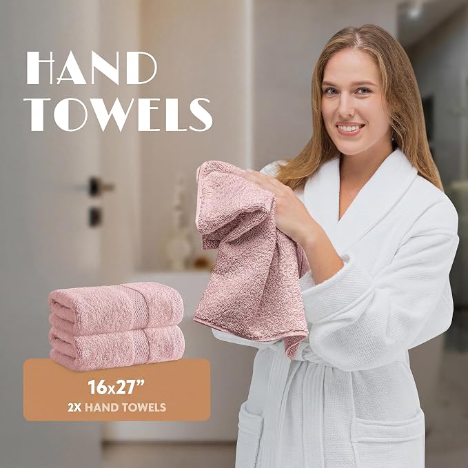 White Classic Pink Bath Towel Set of 6-100% Cotton Highly Absorbent Towels for Bathroom, 2 Luxury Bath Towels 650GSM, 2 Hand Towels, 2 Washcloths