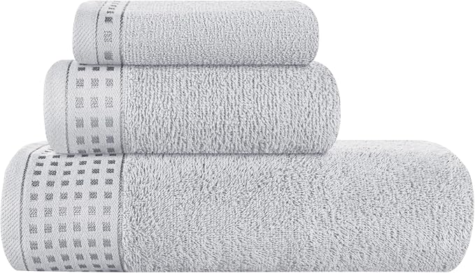 GLAMBURG Ultra Soft 3 Pack Cotton Towel Set, Contains a Bath Towel 28x55 inch, a Hand Towel 16x24 inch & a Wash Coth 12x12 inch, Ideal Everyday use, Compact & Lightweight - Light Grey