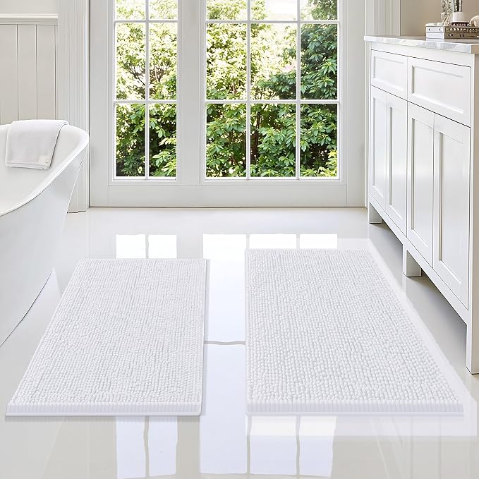 Smiry Chenille Bathroom Rugs Sets 2 Piece (34x21+30x20, White) | Soft Absorbent Machine Washable Non Slip Shaggy Bath Rug Set for Tub, Shower, and Floor, Home Decor