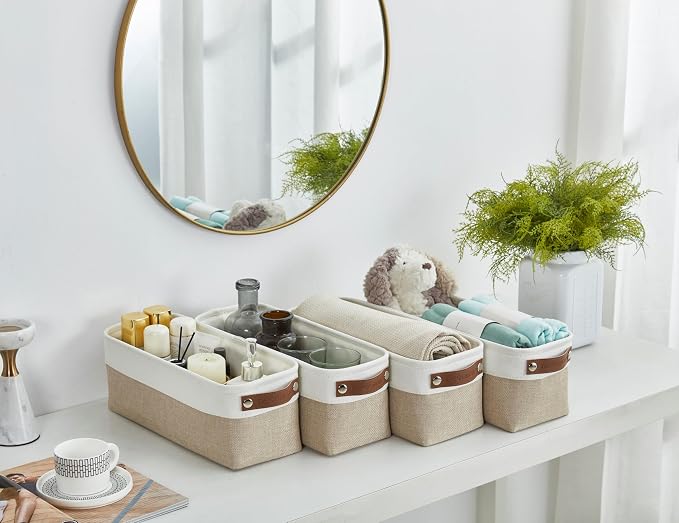 DECOMOMO Narrow Storage Bins Small Baskets for Organizing Bathroom, Toilet Tank, Towel Storage, Entryway, Gifts (Beige and White - Set of 4)