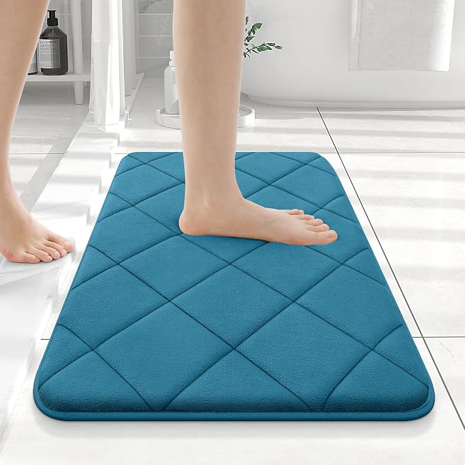 OLANLY Memory Foam Bath Mat 24x16, Ultra Soft and Absorbent Bathroom Rugs | Peacock Blue, Quick Dry, Machine Washable Shower Bath Rugs, Comfortable Bath Carpet for Bathroom Floor, Tub and Shower