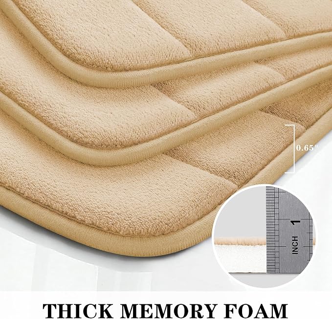 BYSURE Beige Memory Foam Bathroom Rug Set 3 Piece, Non Slip Extra Soft Absorbent Bath Mats, Machine Washable & Dry Toilet Mat Sets for Bathroom Floor | Non Slip Extra Soft Absorbent Machine Washable Toilet Bath Toilet Mat for Shower, for Bathroom