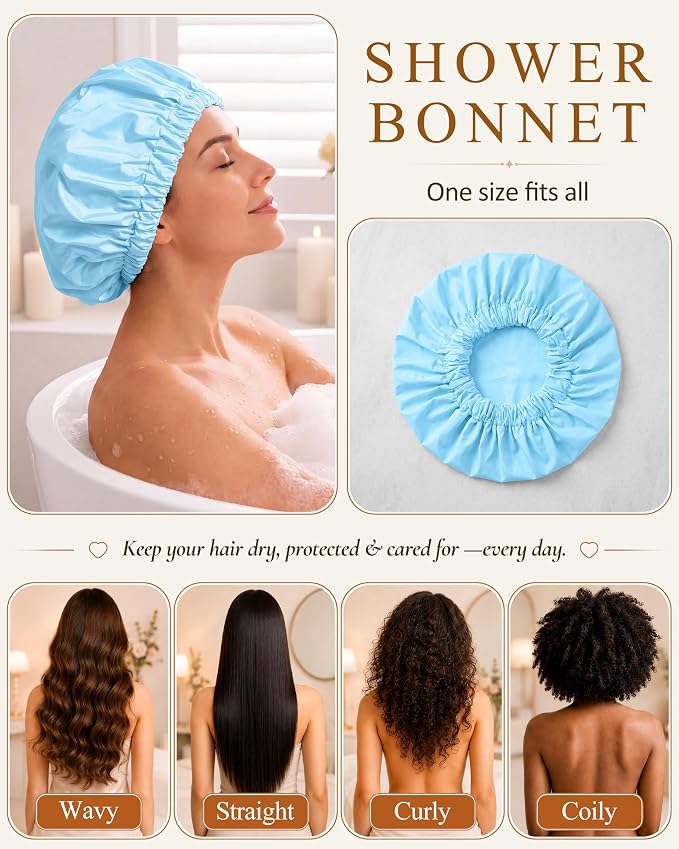 Edoneery Shower Caps for Women Reusable Waterproof, Shower Hair Cap | Washable Bonnet, Wide Elastic Band, Large Fit, Holds Long Hair, Braids Friendly, Bath Accessories, Spa, Travel