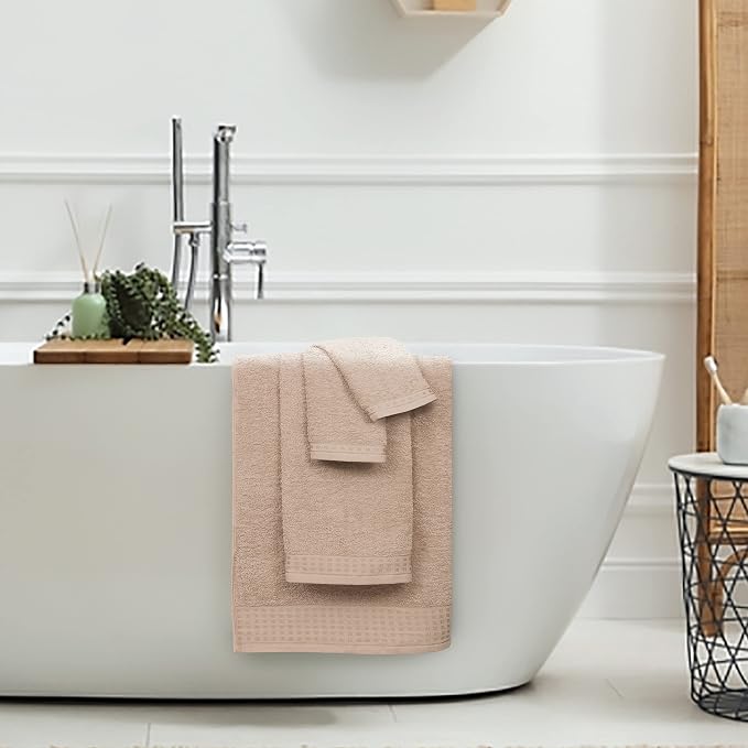 GLAMBURG 100% Cotton Ultra Soft 6 Pack Towel Set, Contains 2 Bath Towels 28x55 Inches, 2 Hand Towels 16x24 Inches & 2 Wash Coths 12x12 Inches, Compact Absorbent Lightweight & Quickdry - Tan