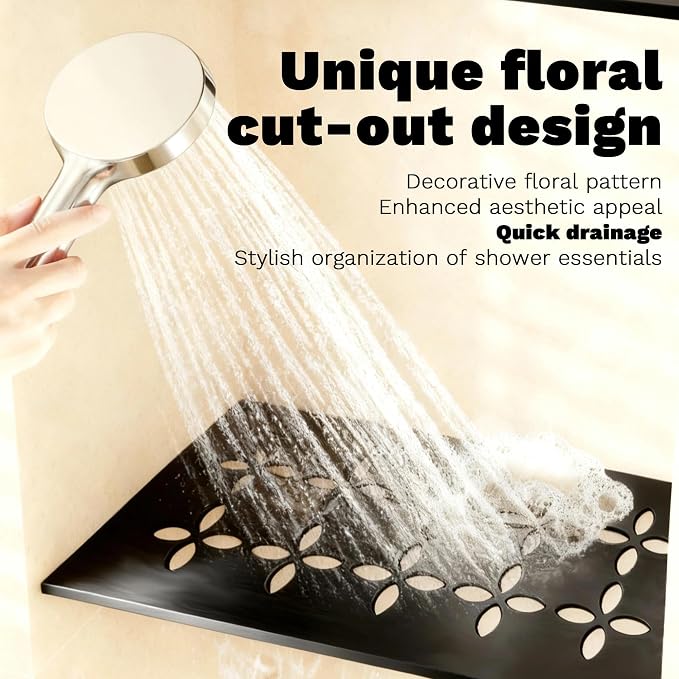 12 Inch Aluminum Brushed Black Shower Niche Shelf Rectangular Bathroom Niche Shelf with Floral Design Fits Prefabricated Tile Niches 1 Pack