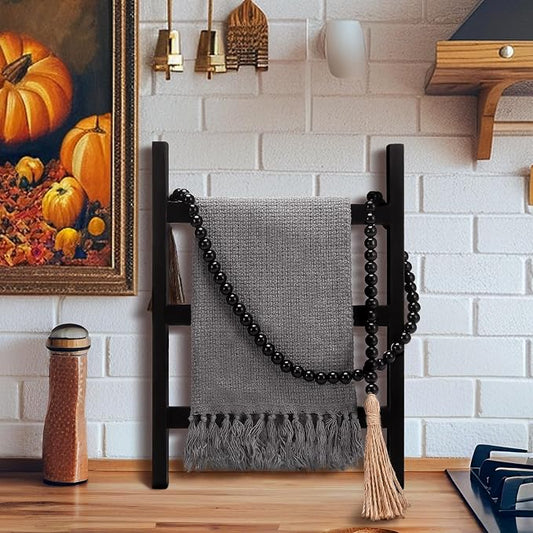 AceOrbit 2 Pcs 14'' Tea Towel Ladder with 3.3 ft Vintage Wood Bead Garland Small Decorative Ladder Hand Towel Stand Mini Blanket Holder Rack Kitchen Counter Farmhouse Rustic Bathroom Decor(Black)