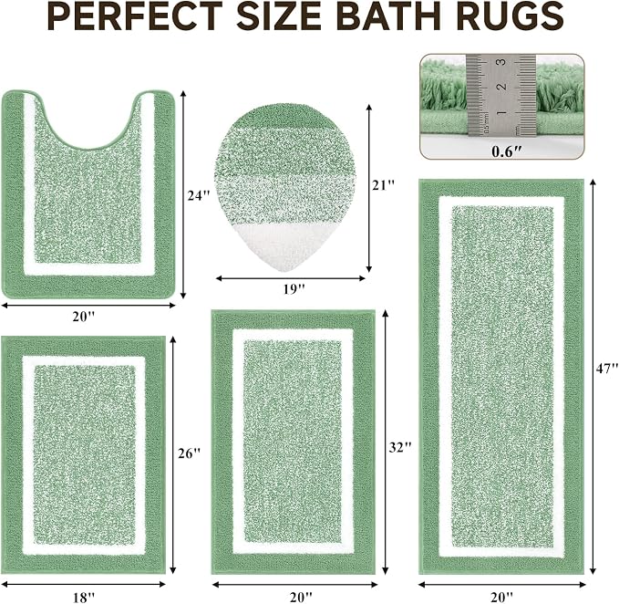 Pauwer Bathroom Rugs Sets 5 Piece, Microfiber Bath Mats, Green | Non Slip Washable U Shaped Toilet Rug, Long Shower Runner, Toilet Lid Cover, Quick Dry Absorbent Plush Floor Carpet
