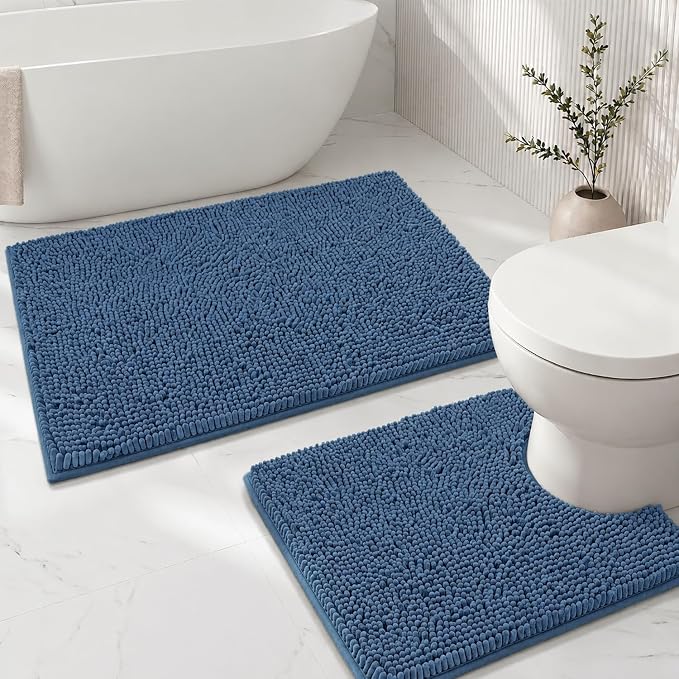 Bathroom Rugs Sets 2 Piece,Super Absorbent Soft,Thick,Machine Washable Chenille Bath Mat,Non Slip Toilet Floor Rug,Bath Mats for Bathroom,20x32 Plus 20x20 U Shape,Denim Blue