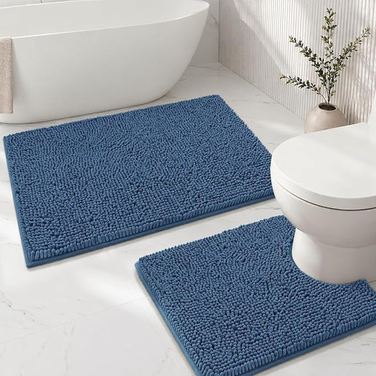 Bathroom Rugs Sets 2 Piece,Super Absorbent Soft,Thick,Machine Washable Chenille Bath Mat,Non Slip Toilet Floor Rug,Bath Mats for Bathroom,20x32 Plus 20x20 U Shape,Denim Blue