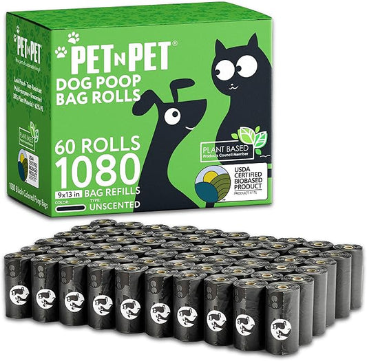 Pet N Pet Poop Bags for Dogs, 1080 Count, Plant Based, Black 9x13 Thick | 41%, 59% PE, Extra, Rolls, Unscented, Waste, Leak-Resistant, Tear-Resistant, Easy-Tear Design, Durable, dog waste bags