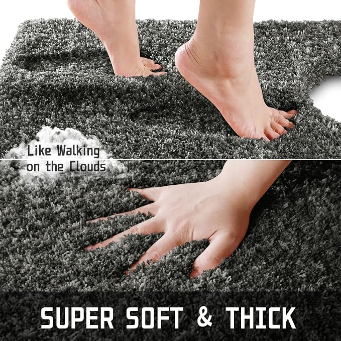 Yimobra Toilet Rugs U Shaped 24X20, Ultra Soft and Water Absorbent Bath Mats, Non Slip Fluffy Luxury polyester Contour Bath Rugs for Toilet, Dry Quick, Machine Washable, Light Gray and Black Gray