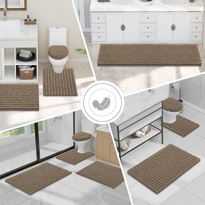 Smiry Bathroom Toilet Rugs U Shaped 24x24, Chenille Bath mats for Toilet | Camel Extra Soft Absorbent Non Slip Rubber Backing Contour Bath Rugs for Toilet, Machine Washable Contoured Bath Mats