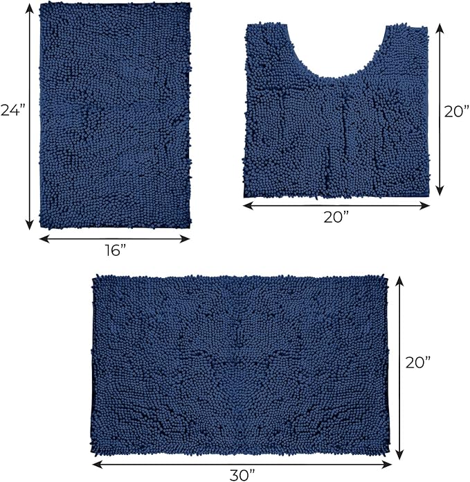 LuxUrux 3-Piece Bathroom Rug Set – Plush Chenille Bath Mats & U-Shaped Toilet Mat, Ultra-Soft, Absorbent & Non-Slip (20x20 U, 16x24 & 20x30 inches, Blue)