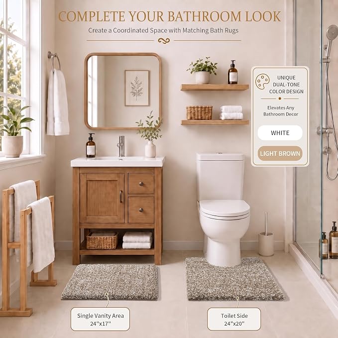 Yimobra Bathroom Rugs Non Slip Washable, Ultra Soft and Water Absorbent Bath Mats, Plush Fluffy Shower Mat Outside, Microfiber Thick Matts for Bathroom Floor/Sink, 24X17, Light Brown and White