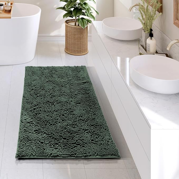 Hearth & Harbor Bathroom Rugs, Chenille Bath Mat - Machine Washable Bath Mats for Bathroom Non-Slip Backing Rubber, Quick Dry Bathroom Mat - Hunter Green 24x36