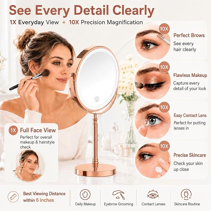 DEIOVWXS Makeup Mirror, Rechargeable Vanity Mirror with 3 Lights, 1X/10X | Adjustable Brightness, 3000mAh, Double-Sided, Gift for Mom, Women, Wife, Girls, Dorm Room Essential
