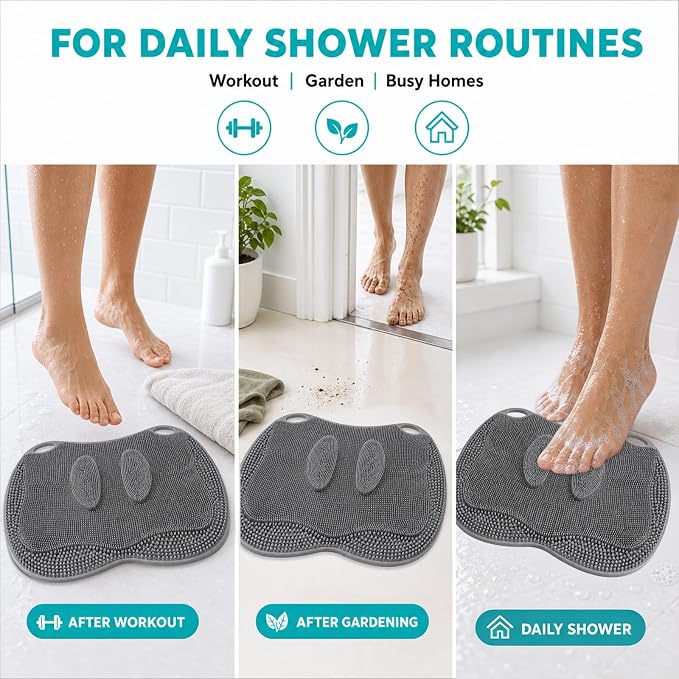 XL Silicone Shower Foot Scrubber Mat with Suction Cups, Foot Washer for Shower, Foot and Back Scrubber for Smooth Shower Wall or Floor, Grey, 17.3 x 12.9 in