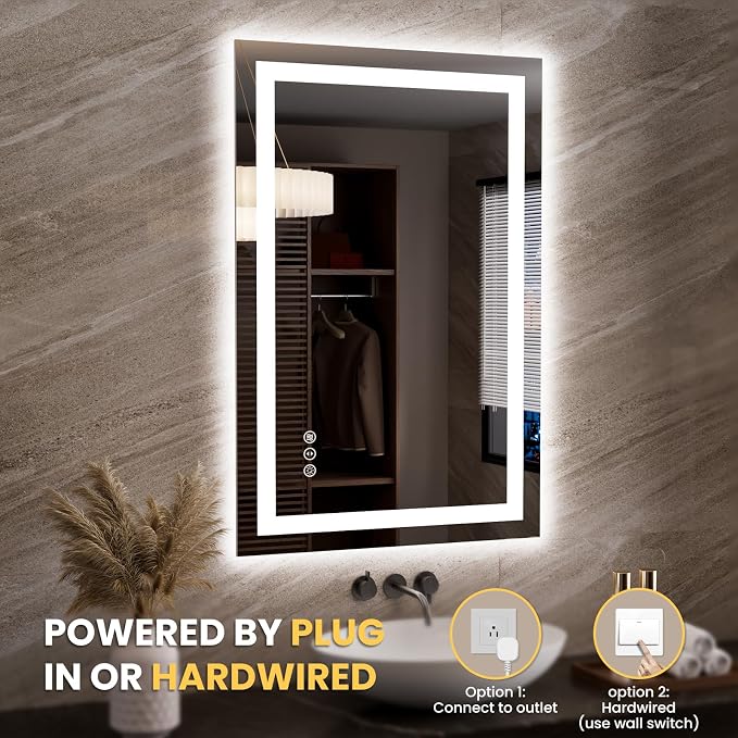LOAAO 23.6"x35.4" LED Bathroom Mirror with Lights, UL Listed | Anti-Fog, Dimmable, 3 Color Temperature, Backlit + Front Lit, Memory Function, Tempered Glass