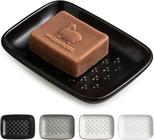 Gomakren Ceramic Soap Dish, Non-Slip Shower Soap Holder for Bathroom & Kitchen Sink, Father's Day Soap Saver Tray for Bar Soap Sponge, 5.5 Inch, Black