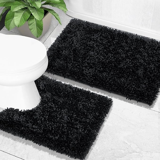 Yimobra Bathroom Rugs Sets 2 Piece, Soft Absorbent Bath Mat and U-Shaped Toilet Rug with Non Slip Backing, Luxury Shaggy Bath Mats for Bathroom, Machine Washable, 31.5"x20"+24"x20", Black