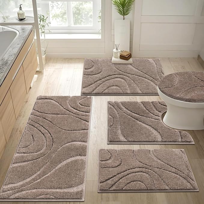 HEBE Bathroom Rugs Sets 5 Piece, Non Slip Washable Absorbent Bath Mat Set | Super Soft Plush Microfiber Bathroom Mats with Runner Set, Solid Bathmat with U-Shaped Toilet Rug Cover Set for Tub, Shower