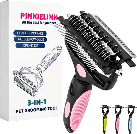 3-IN-1 Pet Grooming Tool - Undercoat Rake, Dematting Comb & Deshedding Brush for Cats, Dogs, Horses - Removes Mats, Tangles & Loose Fur, Reduces Shedding & Prevents Hair Mess (Pink)