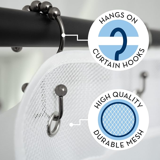 S&T INC. Shower Organizer and Caddy, 2 Pack, 14" x 30", White | Quick-Dry Mesh, 7 Pockets, Shower Caddy and Bathroom Organizer, Hangs on Existing Shower Curtain Hooks, Cruise Essential
