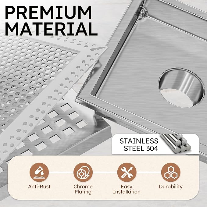 6 Inch Brushed Nickel Square Shower Drain with Flange,Modern Floor Drain with Quadrato Pattern Grate Removable,SUS 304 Stainless Steel