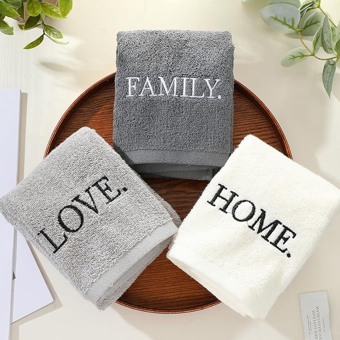 3 Pcs Hand Towels Bathroom Set,Gray,Home Love Family | Embroidered Cotton Farmhouse Towels, Kitchen Decor, Rustic Boho Decorative with Text Labels, Guest Bath Home
