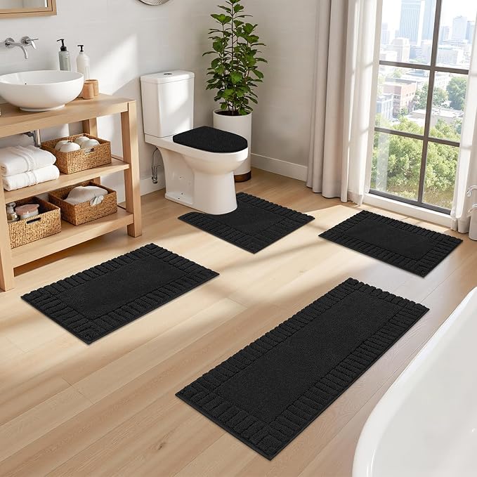 Pauwer Bathroom Rugs Set 5 Piece, Microfiber Bath Mat Set, Black | Non Slip Washable Bath Mat with U Shaped Toilet Rug, Plush Absorbent Shower Rug, Toilet Lid Cover, Quick Dry Floor Carpet